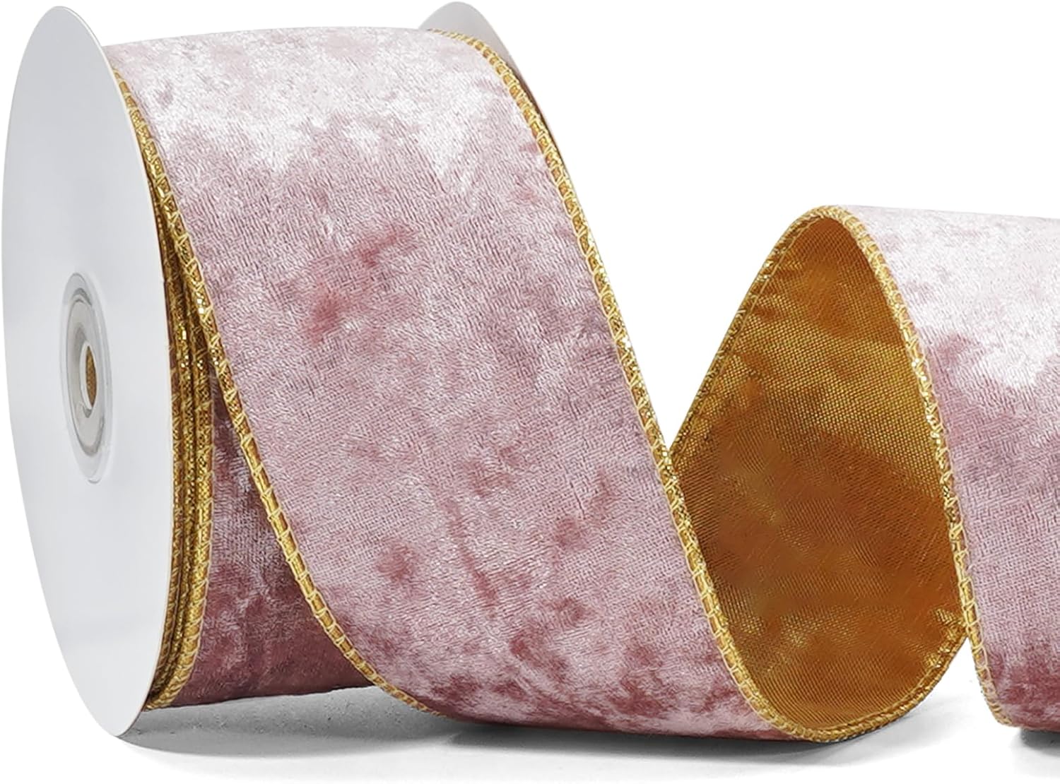 Pink Wired Velvet Ribbon, Christmas Ribbon Wired, 2.5 inch × 10 Yards Wide Pink and Gold Ribbons for Christmas Tree Topper Bow Ornaments, Gift Wrapping, Wreaths Garland Crafts, Home Decor